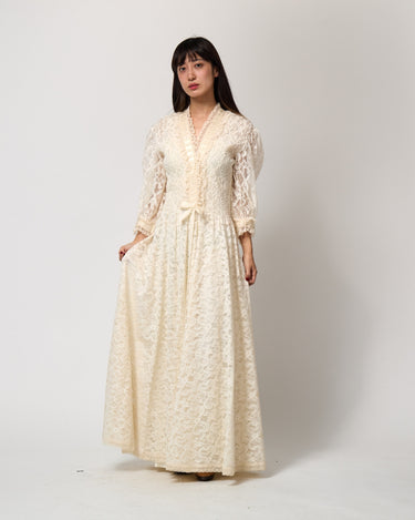 1970s Odette Barsa Cream Slip Dress with Lace and Ribbon Overlay Coat
