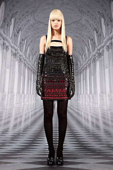 2012 Documented Roberto Cavalli Ombré Black Red Beaded Mini Dress