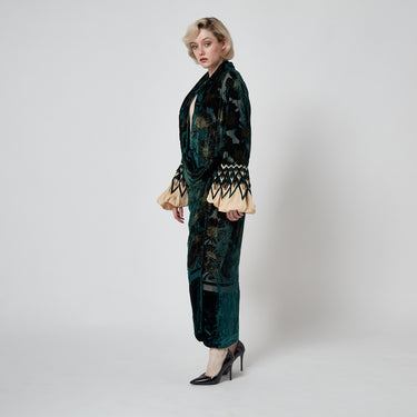 ARCHIVE - 2006 Roberto Cavalli Runway Green Silk Embossed Velvet Coat Dress