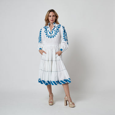 ARCHIVE - 1970s Per Spook for Louis Feraud White and Blue Cotton Dress with Belt