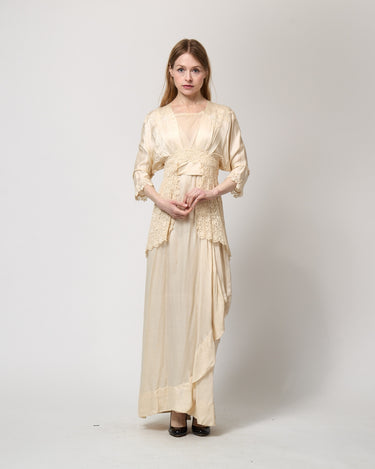 1900s Cream Silk and Tulle Wedding Dress with Lace Peplum