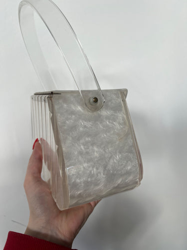 1950s Pearlescent Trapeze Clear Lucite Top Handle Bag