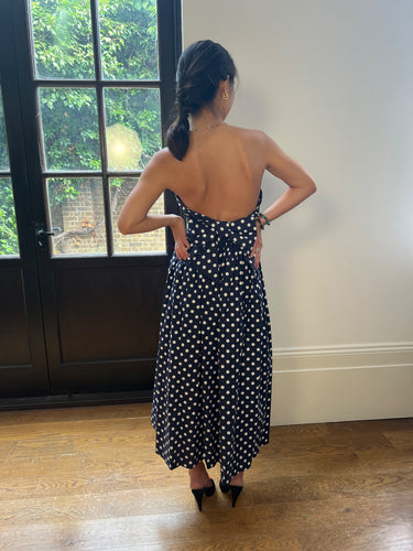 ARCHIVE - 1990s Laura Ashley Navy Polka Dot Strapless Dress