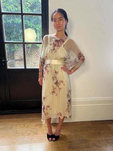 Original 1920s Magasin Du Nord Floral Silk Chiffon Dress