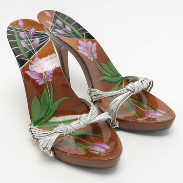 2000s Galliano for Dior Hand Painted Wood and Silver Leather Shoes