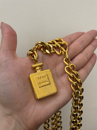 1987 Chanel Gold Double Chain Strand Belt with Perfume Bottle Charm