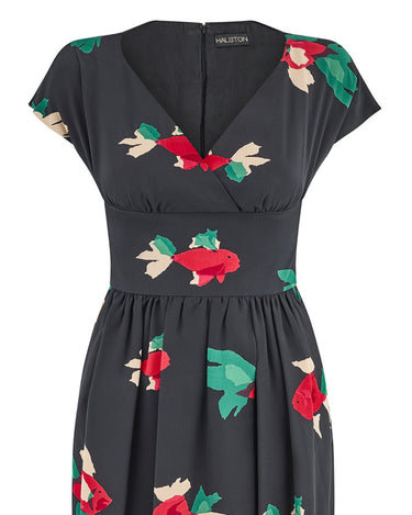 1970s Halston Black Label Koi Fish Printed Silk Dress