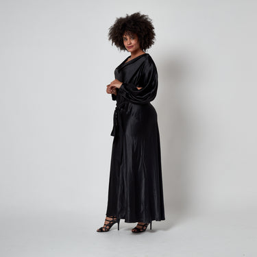 1930s Haute Couture Black Liquid Satin Maxi Dress with Open Sleeves