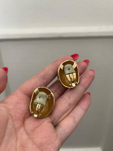 ARCHIVE - 1990s Ciner Black and White Clip On Earrings with Faux Jade Gemstones