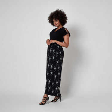 1976 Zandra Rhodes Black Plisse Cactus Print Maxi Dress