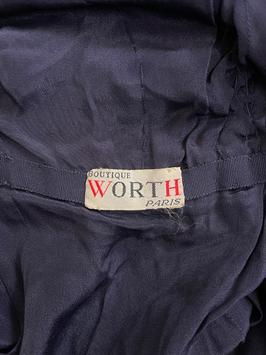 Robe en jersey de soie froncé bleu marine Worth London, années 1950