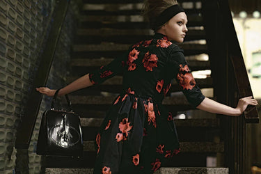 2006 Prada Runway Documented Black Silk and Red Rose Print Dress
