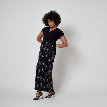 1976 Zandra Rhodes Black Plisse Cactus Print Maxi Dress