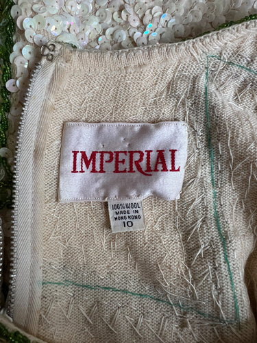 ARCHIVE - 1970s Cream Wool Sequinned Dress with Green Zigzag Pattern