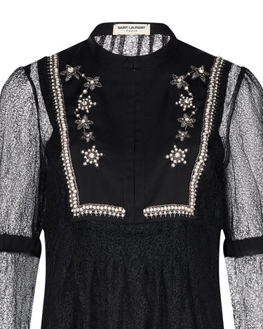 2017 Saint Laurent Embellished Yolk Black Lace Dress