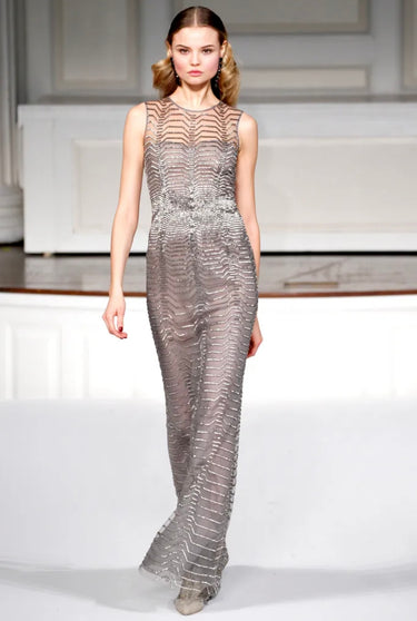 2011 Oscar De La Renta Runway Sheer Mocha All-Over Beaded Maxi-Dress