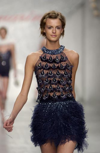 ARCHIVE - 2003 Blumarine Runway Documented Blue Tulle Sequin and Feather Top