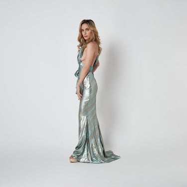 Y2K Thierry Mugler Couture Aqua Lamé Halter Top and Skirt