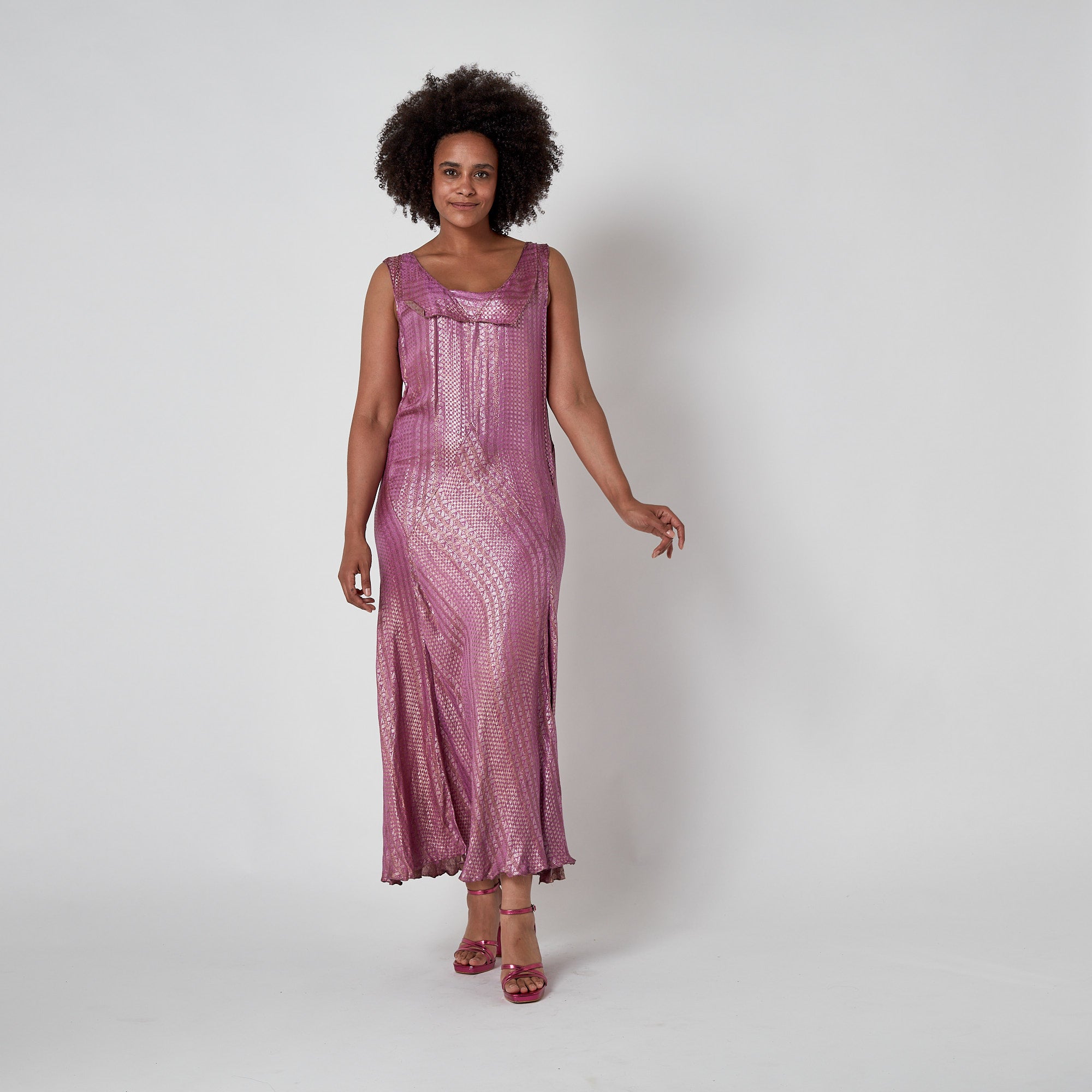 1920s Pink Full Length Lamé Flapper Dress 1920s Pink Full Length Lamé Flapper Dress