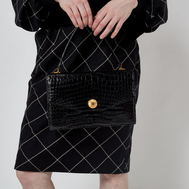 1960s Black Asprey Top Handle Crocodile Leather Bag