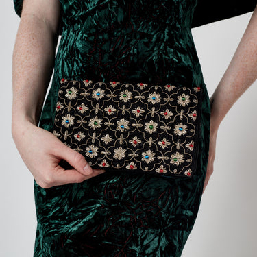 ARCHIVE - 1960s Indian Black Zardozi Embroidered Clutch Bag with Box