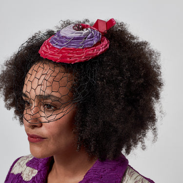 1950s Pink & Purple Ribbonwork Veiled Hat Topper