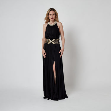 2015 Balmain Cream and Gold Beaded Black Jersey Maxi-Dress