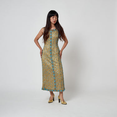 ARCHIVE - 1960s Doreen Lok Gold and Turquoise Beaded Shift Dress