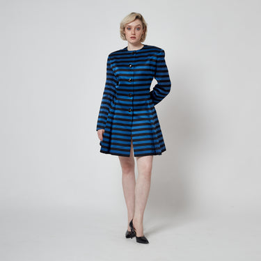 1980s Victor Edelstein Black and Blue Silk Striped Dress Coat