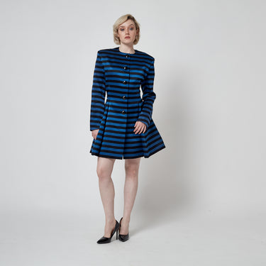1980s Victor Edelstein Black and Blue Silk Striped Dress Coat
