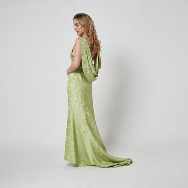 ARCHIVE - 1930s Chartreuse Green Floral Silk Jacquard Evening Gown with Train