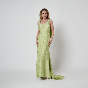 ARCHIVE - 1930s Chartreuse Green Floral Silk Jacquard Evening Gown with Train
