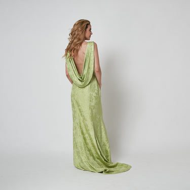 ARCHIVE - 1930s Chartreuse Green Floral Silk Jacquard Evening Gown with Train
