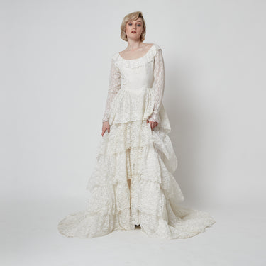 ARCHIVE - 1970s Five Tier Lace Wedding Dress with Wide Neckline