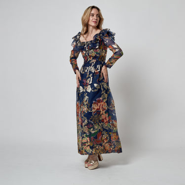 1970s Oscar De La Renta Navy Floral Organza and Gold Lurex Maxi Dress