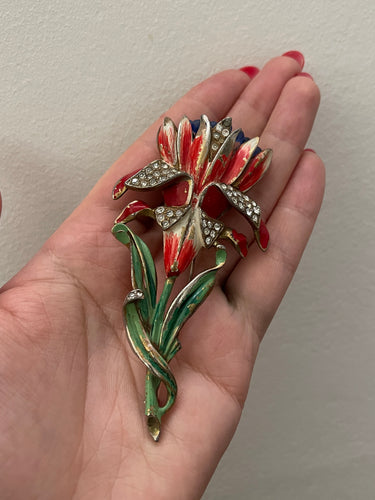 1941 Reja Large Enamel Floral Iris Brooch with Diamantes