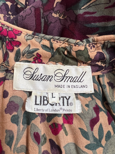 1980s Susan Small for Liberty Beige Purple Green Wool Dress