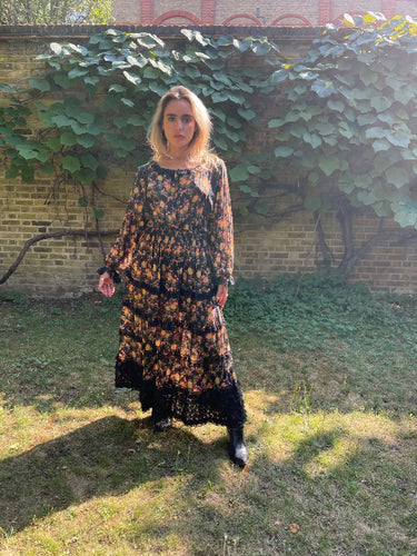 1978 Runway Documented Valentino Floral Black Silk Maxi Dress