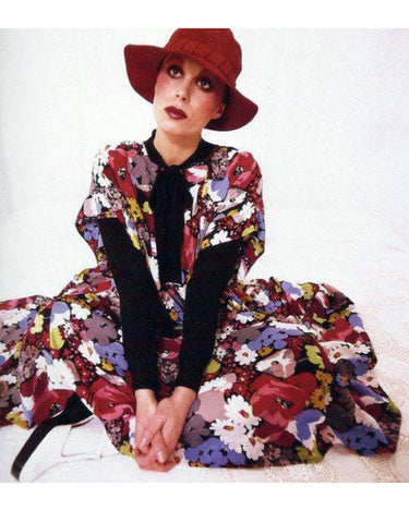 1975 Jean Muir Runway Documented Rainbow Floral Chiffon Layered Dress