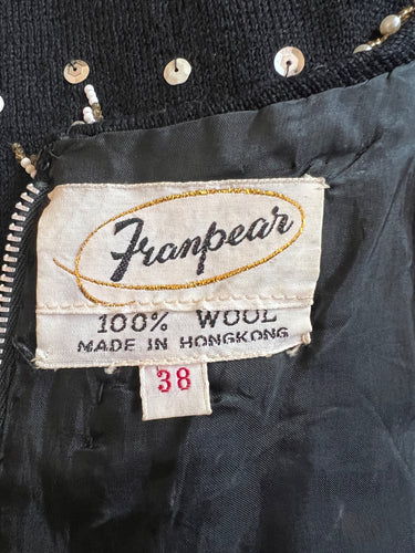 1960s Franpear Beaded and Sequinned Black Wool Tunic Top