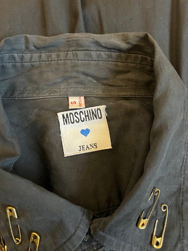 1980s Franco Moschino Black Shirt with Novelty Gold Safety Pins