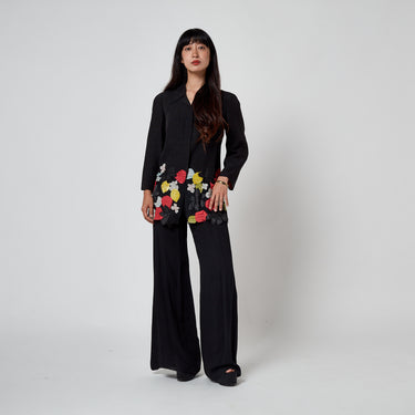 2000s Christian Lacroix Black Linen Flax Jacket with Applique Flowers