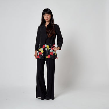 2000s Christian Lacroix Black Linen Flax Jacket with Applique Flowers