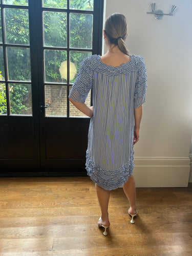 1980s Guy Laroche Blue and White Striped Silk Chiffon Dress