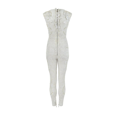 2016 Julien MacDonald White Cream Beaded Jumpsuit with Net Inserts