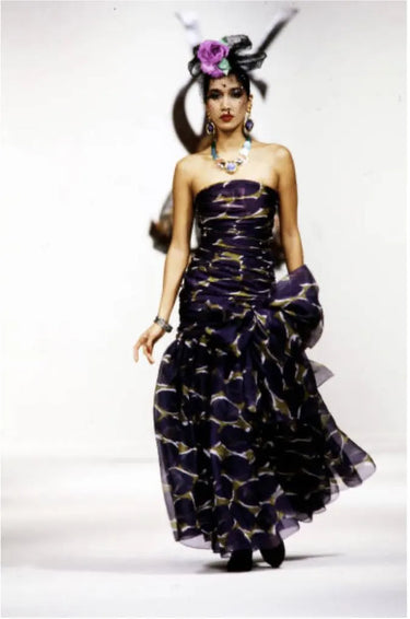 ARCHIVE - 1984 Runway Yves Saint Laurent Purple and Green Printed Chiffon Dress