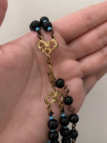 ARCHIVE - 1990s Stanley Hagler Blue and Black Floral Beaded Necklace