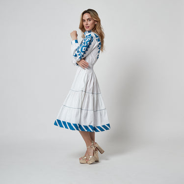 ARCHIVE - 1970s Per Spook for Louis Feraud White and Blue Cotton Dress with Belt