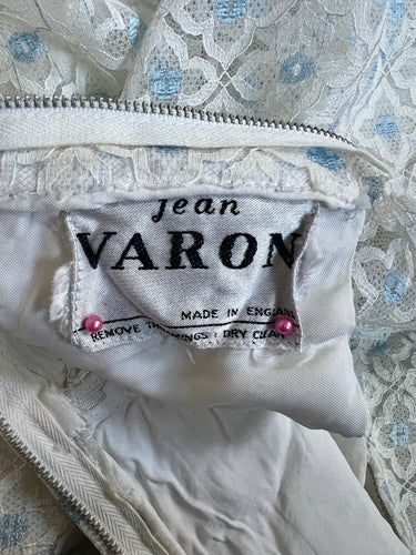 1970s Jean Varon Blue and White Lace Ruffle Maxi-Dress