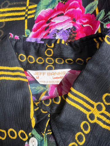1970s Jeff Banks Black Yellow Geometric Floral Sheer Chiffon Shirt